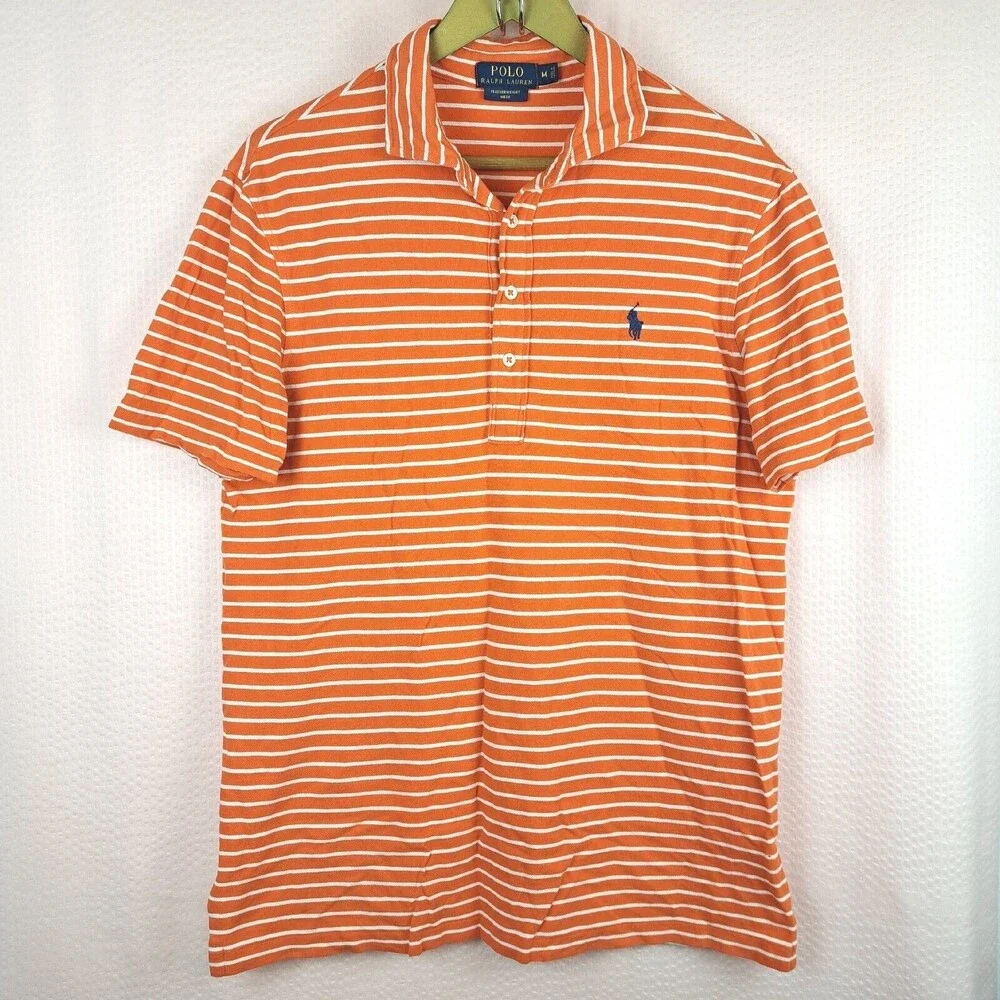 Polo Ralph Lauren Shirt Men's M Orange Striped Featherweight Mesh Short Sleeve